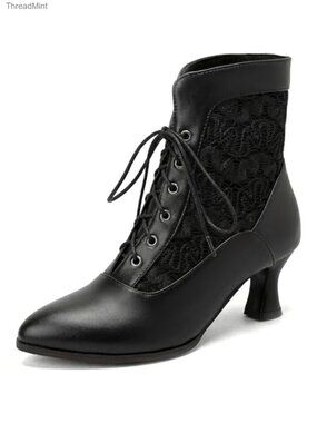 Victorian Lace Up Ankle Boots for Women | Pointed Toe Kitten Heel Bridal Witch
